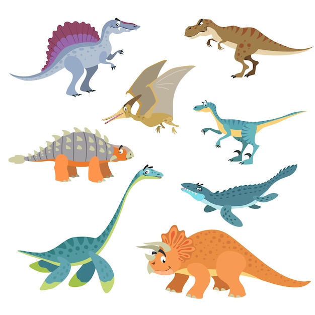 Cartoon dinosaurs set. Cute dinosaurs collection in flat funny style. Predators and herbivores prehistoric wild animals. Vector illustration isolated on white background.