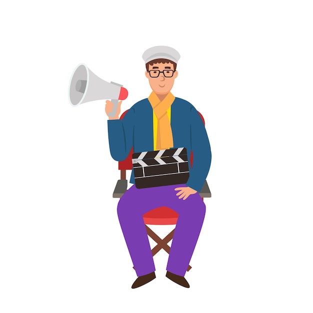 Vector cartoon director is sitiing on a chair with a megaphone and movie clapper, character for children. flat vector illustration.