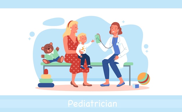 Vector cartoon doctor woman character and kid boy patient playing together medic pediatrician examining chi