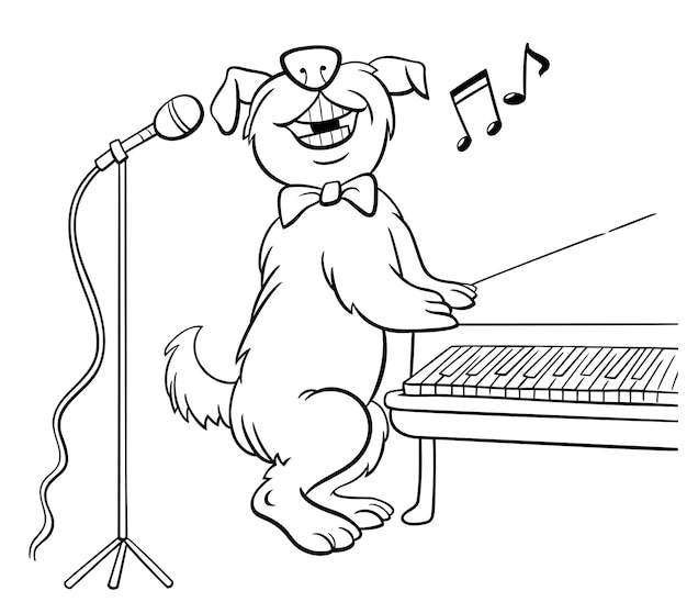 Cartoon dog character singing at the piano coloring page