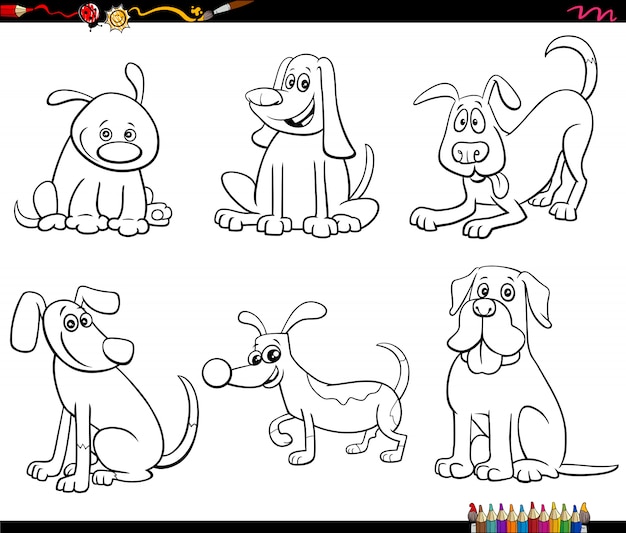 Cartoon dog characters set coloring book page