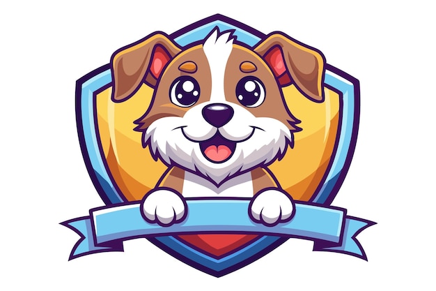 Vector cartoon dog holding a blank blue ribbon banner inside a shield