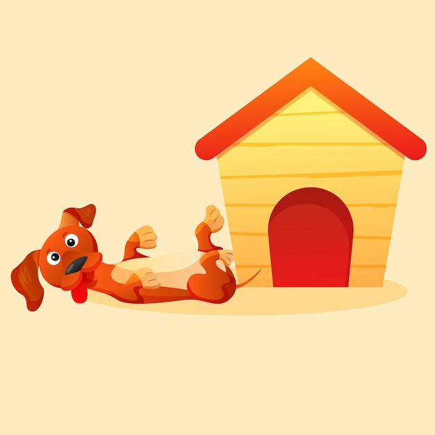 Cartoon dog house with funny lying dog behind Cute dachshund