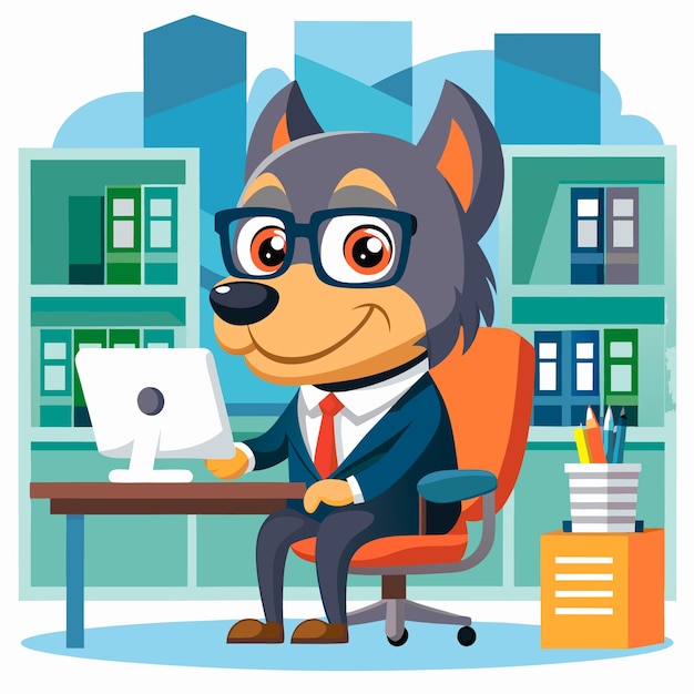 a cartoon dog is sitting at a desk with a computer and a man wearing glasses