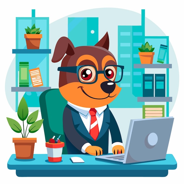 Vector a cartoon dog is sitting at a desk with a laptop and a potted plant