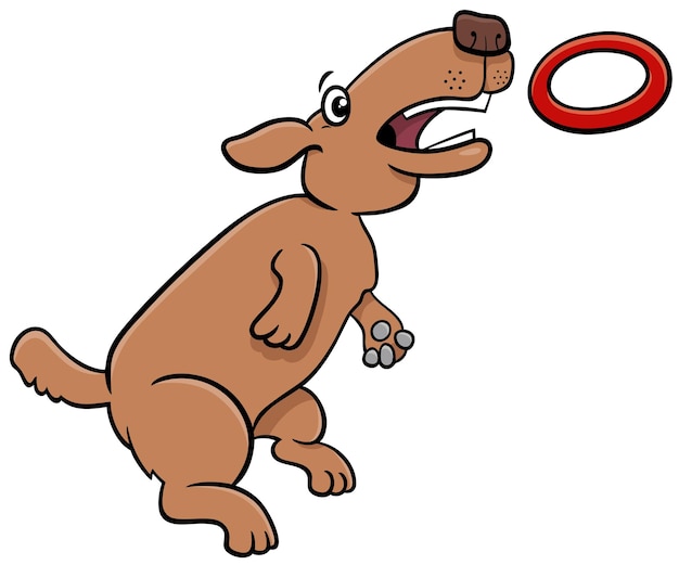 Cartoon dog jumping and catching a ring toss toy