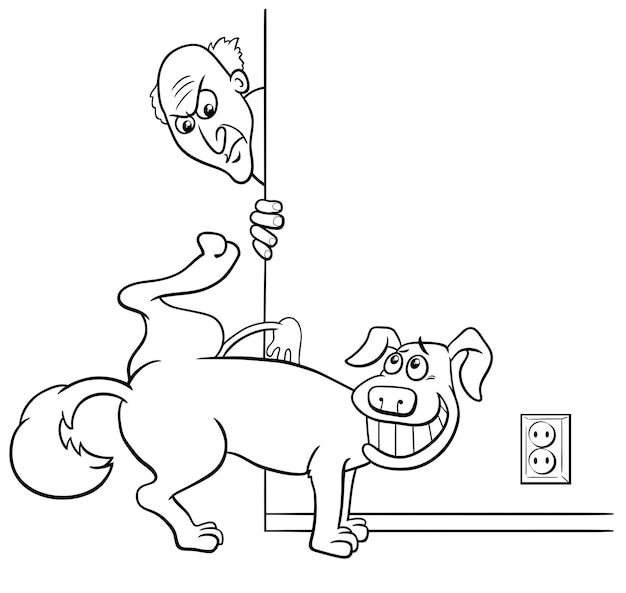 Cartoon dog peeing at home and his angry owner coloring page