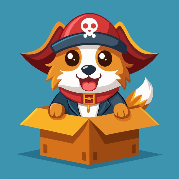 Vector a cartoon dog in a pirate hat is in a box with a pirate hat on it