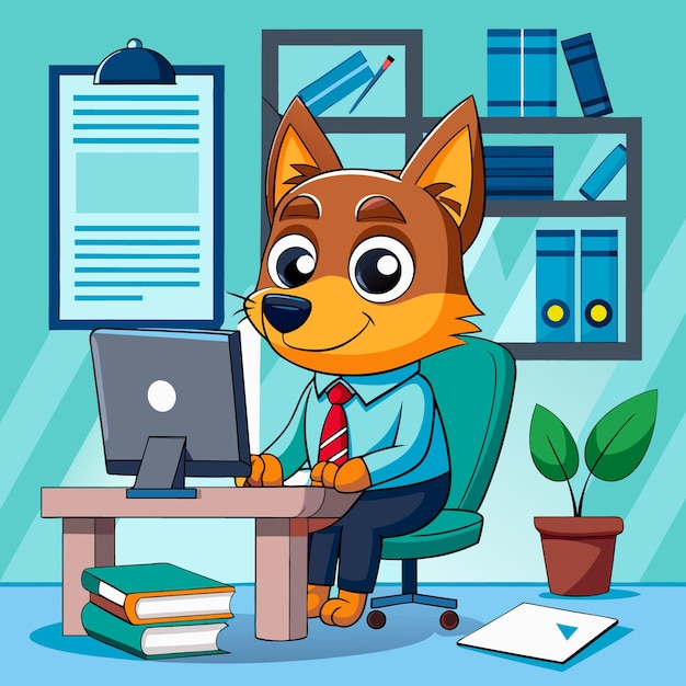 a cartoon dog sits at a desk with a computer and a book titled fox