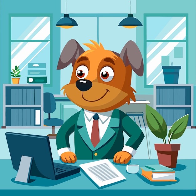 Vector a cartoon dog sits at a desk with a laptop and a plant in the background