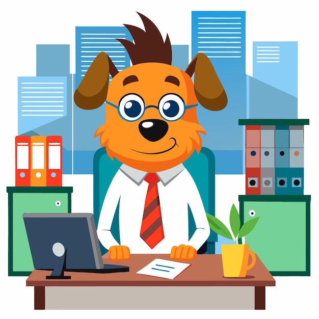 Vector a cartoon dog sitting at a desk working in an office building perfect for scene illustrations