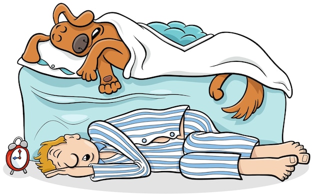 Cartoon dog sleeping in bed and his owner on the floor