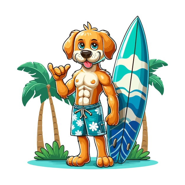 Cartoon Dog Surfer Vector Icon Illustration Animal