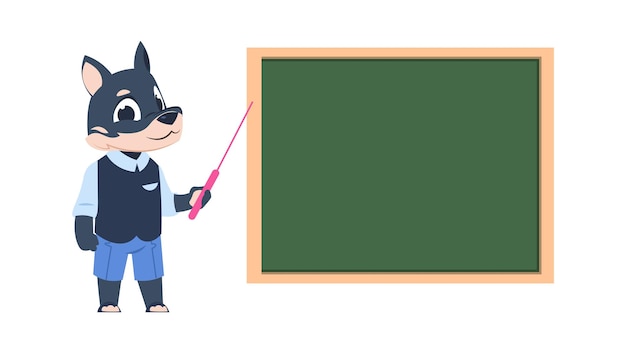 Cartoon dog teacher Animal teaching children in class room funny mammal in school Wolf standing with pointer near blackboard Vector education and getting knowledge illustration