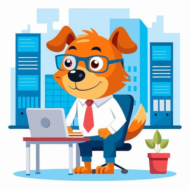 a cartoon dog with glasses and a tie sits at a desk with a laptop