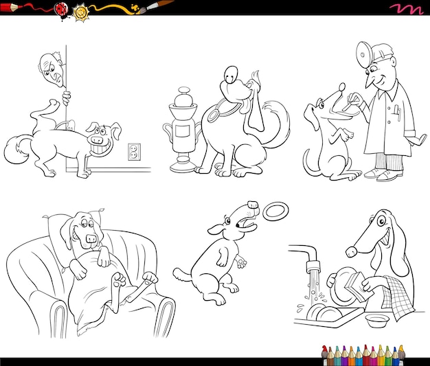 Cartoon dogs animal characters set coloring page