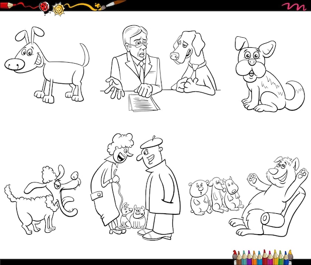 Cartoon dogs animal characters set coloring page