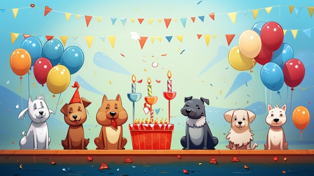 a cartoon of dogs and a birthday cake with balloons and a birthday cake