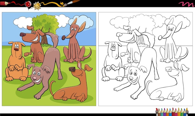 cartoon dogs group coloring book page