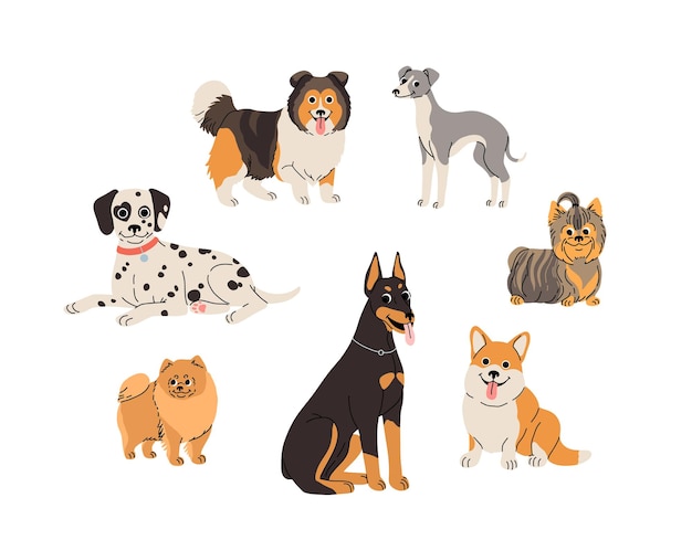 cartoon Dogs in motion set Different canine breeds Active puppies doberman dalmatian pomeranian sheltie italian greyhound yorkshire terrier corgi Flat vector illustration