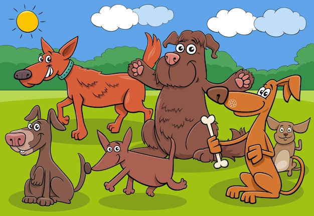 Cartoon dogs and puppies animal characters group