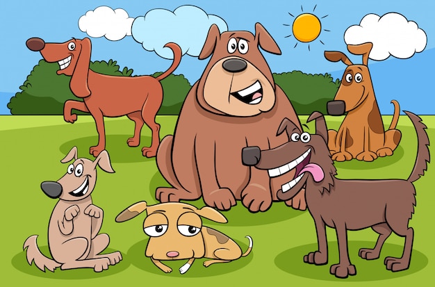 Cartoon dogs and puppies characters group