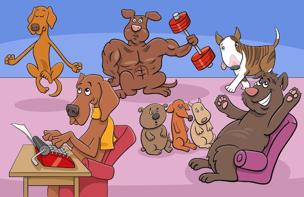 Cartoon dogs and puppies comic characters group