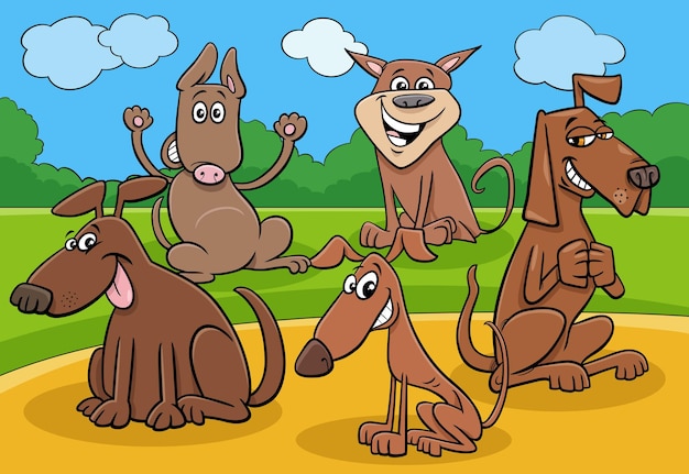 Cartoon dogs and puppies funny characters group