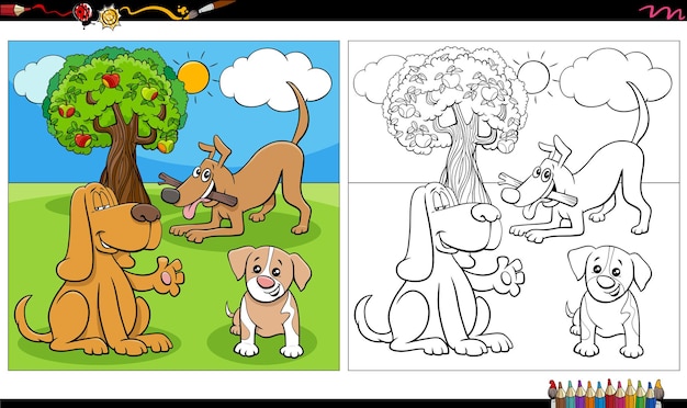 cartoon dogs and puppies group coloring book page