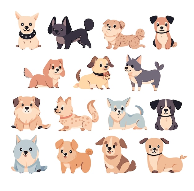 A cartoon of dogs that are different breeds.