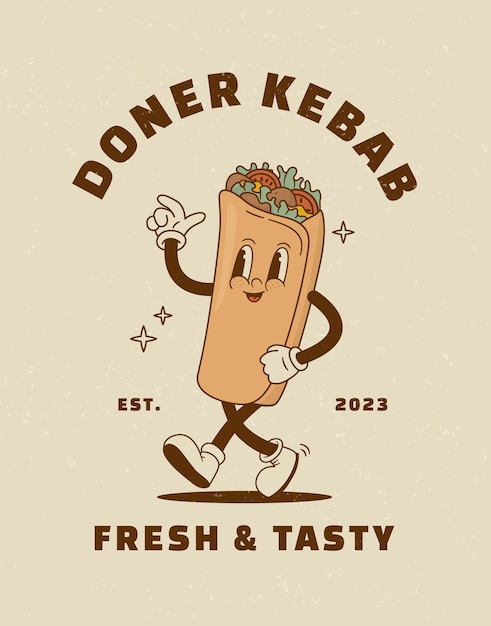 Cartoon doner kebab character in retro 70s style Turkish food Vintage pita gyros mascot poster