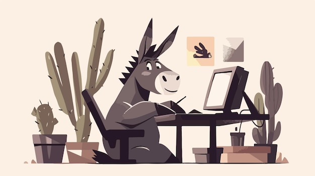 a cartoon of a donkey on a computer with a cactus in the background