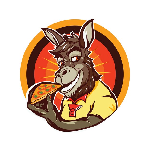 Cartoon donkey eating pizza illustration Colors of Spanish flag round logo design Sticker design