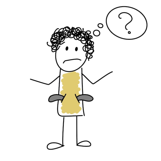 Cartoon doodle character with empty pockets and thought bubble saying question