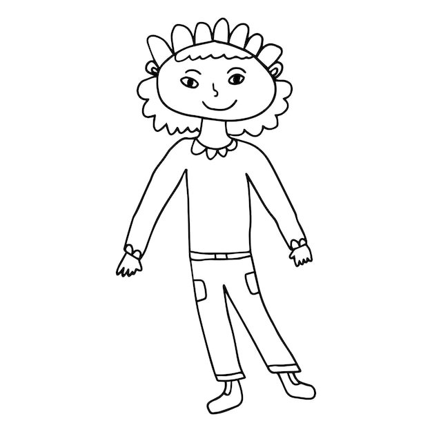 Cartoon doodle curly hair girl standing isolated on white background.