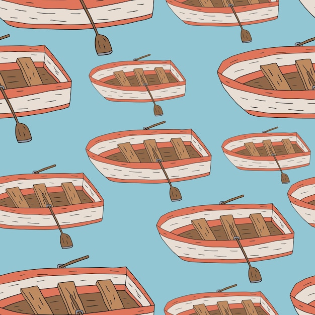 Cartoon doodle linear wooden boat with paddles seamless pattern, background.