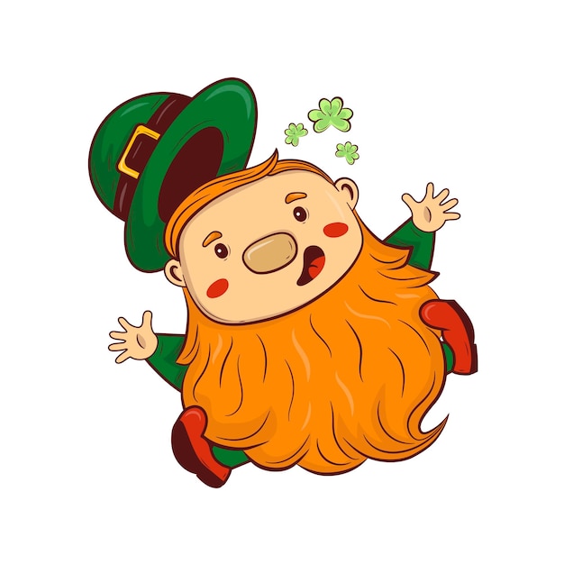 Cartoon doodle saint patrick red beard gnome jumping for joy with good luck clover around