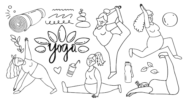 Cartoon Doodle of Woman Doing Yoga in Various Poses Vector Illustration