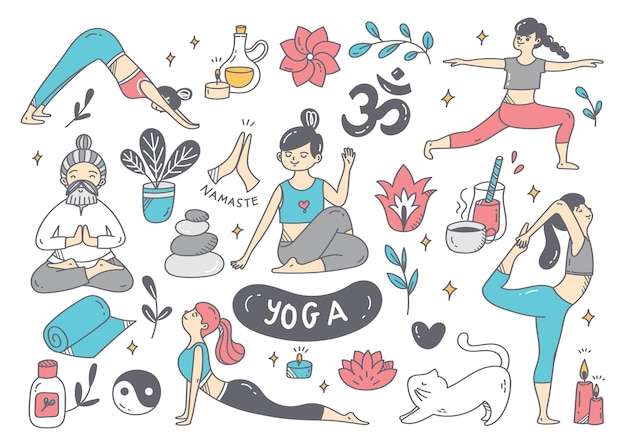 Cartoon Doodle of Woman Doing Yoga in Various Poses