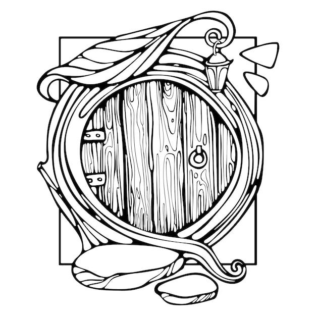 Cartoon Door Wooden and Stone Round Doorway Outline Doodle Coloring book Premium Vector