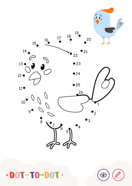 Cartoon dottodot blue bird with crest colorless full page image with possible coloring options