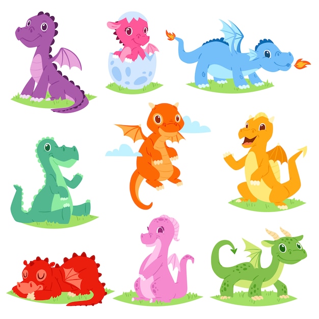 Cartoon dragon  cute dragonfly or baby dinosaur illustration set of dino characters from from kids fairytale  on white background