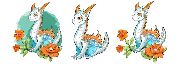 Cartoon dragon Fairy cute dragonfly icons collection Baby fire dragon or dinosaur cute characters