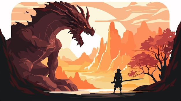 Vector a cartoon of a dragon and a man with a sword in his hand