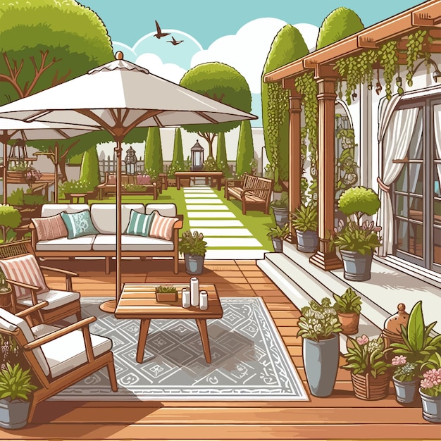 Vector a cartoon drawing of a backyard with a white umbrella a patio table