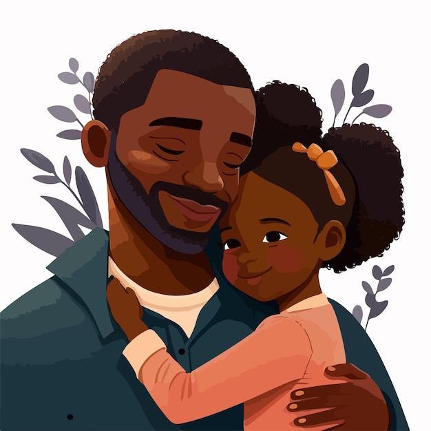 A cartoon drawing of a black girl hugging a man.