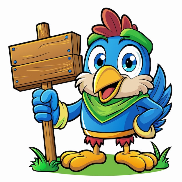 a cartoon drawing of a blue bird holding a sign that says chicken on it