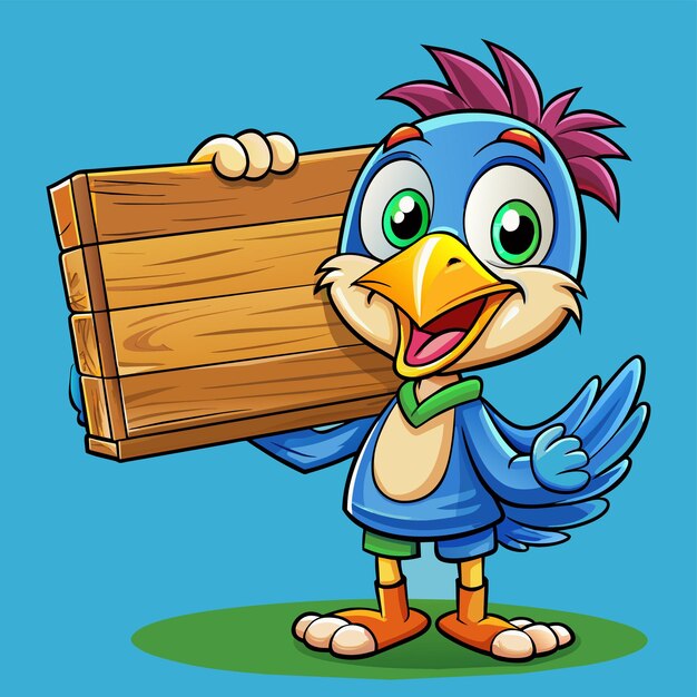 a cartoon drawing of a blue bird holding a wooden board with a bird on it