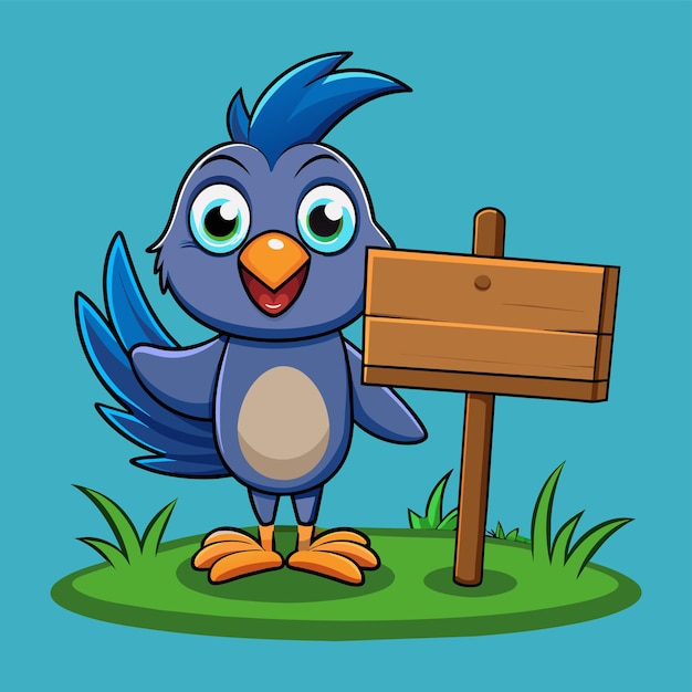 a cartoon drawing of a blue bird with a sign that says quot a wooden sign quot