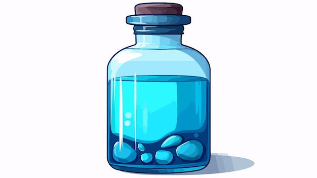 a cartoon drawing of a blue bottle with a small amount of pills